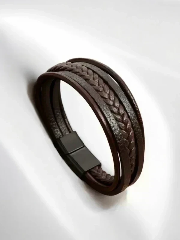 Pulsera Multicapa de Cuero Ecológico Marrón con Cierre Magnético (21 cm)